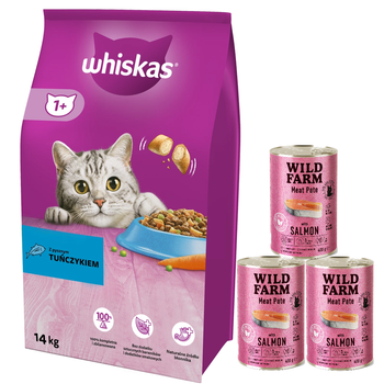 WHISKAS Ξηρή τροφή για γάτες 1+ με τόνο 14kg + WILD FARM Pate 3x400g