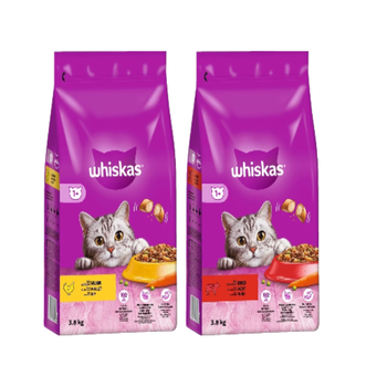 WHISKAS Adult 3,8 kg - ξηρά τροφή για ενήλικες γάτες, με νόστιμο κοτόπουλο + WHISKAS Adult 3,8 kg - πλήρης ξηρά τροφή για ενήλικες γάτες, με νόστιμο μοσχάρι