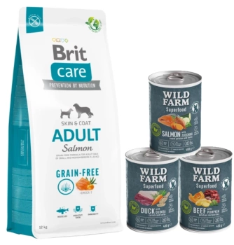 BRIT CARE Grain-free Adult Salmon 12kg +Wild Farm Superfood MIX Smaków 3x400g
