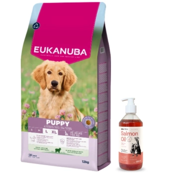 EUKANUBA Puppy&Junior Lamb&Rice Large Breeds 12kg + LAB V Salmon Oil για σκύλους και γάτες 500ml