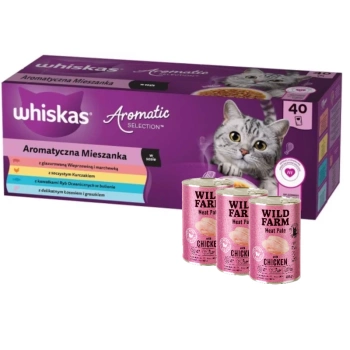 WHISKAS Adult σακουλάκια Αρωματική Μείξη 40 x 85 g - υγρή τροφή για γάτες + WILD FARM Pate with Chicken 3x400g