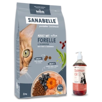 BOSCH Sanabelle Adult Trout 8kg + Λάδι Σολομού Lab-V 100% για Σκύλους και Γάτες Όλων των Ηλικιών