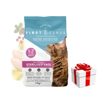 First Class Sterilised 1,5kg - ξηρά τροφή για στειρωμένες γάτες με γεύση κοτόπουλου + μια δωρεάν έκπληξη για τη γάτα