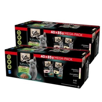 SHEBA Kitten flavour packet 80x85 g - πλήρης υγρή τροφή για γατάκια με σάλτσα (κοπές με: σολομό, κοτόπουλο)