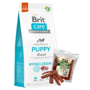 BRIT CARE Hypoallergenic Puppy Lamb 12kg + WILD FARM φιλέτο αρνιού 500g λιχουδιές για σκύλους