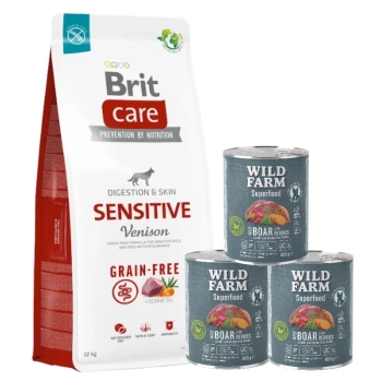 BRIT CARE Sensitive Venison χωρίς σιτηρά 12kg + WILD FARM Superfood Wild Boar (Venison με γλυκοπατάτες, μούρα και βότανα) 3x800g τροφή για σκύλους χωρίς σιτηρά