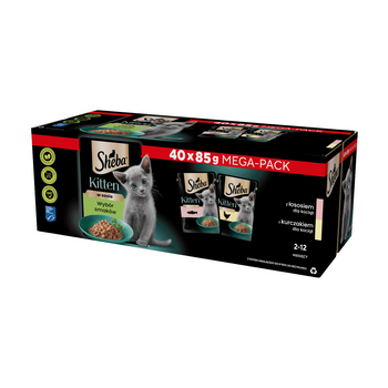 SHEBA Kitten flavour packet 40x85 g - πλήρης υγρή τροφή για γατάκια με σάλτσα (κοπές με: σολομό, κοτόπουλο)