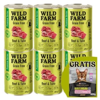 WILD FARM Premium Grain Free Beef and Tonnus 6x400g - τροφή για γάτες χωρίς σιτηρά + ΔΩΡΕΑΝ PRO PLAN τροφή για ενήλικες γάτες 400g - τυχαία αποστολή