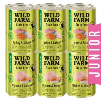 WILD FARM Premium Grain Free Τουρκία και Σολομός / Κοτόπουλο και Σολομός Junior 12x400g