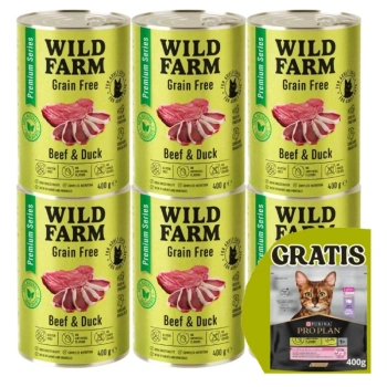 WILD FARM Premium Grain Free Beef and Duck 6x400g - τροφή για γάτες χωρίς σιτηρά + ΔΩΡΕΑΝ PRO PLAN τροφή για ενήλικες γάτες 400g - τυχαία αποστολή