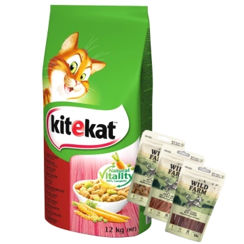 KITEKAT Ξηρή τροφή για γάτες με μοσχάρι και λαχανικά 12kg + WILD FARM cat treat mix 3x50g