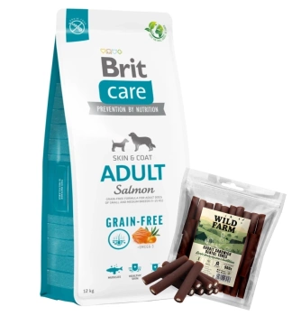 BRIT CARE Σολομός για ενήλικες χωρίς κόκκους 12kg + WILD FARM Rabbit Dental Tubes 500g λιχουδιές για σκύλους