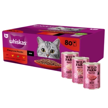 WHISKAS Adult sachets 80 x 85g Classic Meals - υγρή τροφή για ενήλικες γάτες, σε σάλτσα (τεμάχια με: μοσχάρι, κοτόπουλο, αρνί, πουλερικά) + WILD FARM Pate 3x400g MIX
