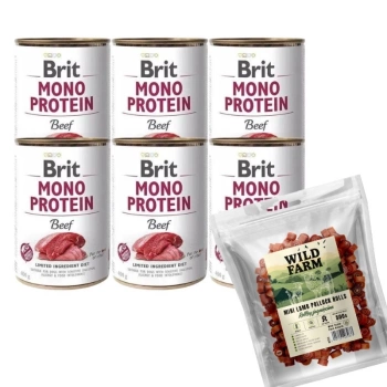BRIT MONO PROTEIN BEEF 6x400g+WILD FARM ρολάκια αρνιού 500g λιχουδιά για σκύλους