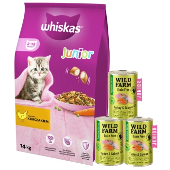 WHISKAS Ξηρά τροφή για γατάκια Junior με κοτόπουλο 14kg + WILD FARM Premium Grain Free Turkey and Salmon 3x400g
