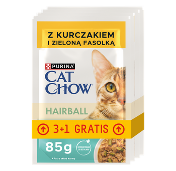 CAT CHOW Hairball Γατοτροφή με κοτόπουλο και πράσινα φασόλια σε σάλτσα 4x85g (3+1 ΔΩΡΕΑΝ)