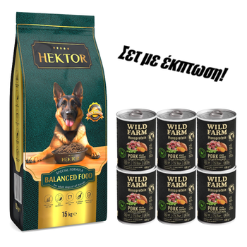 HEKTOR BALANCED Adult 15kg + Wild Farm Monoprotein Pork 6x400g υποαλλεργική τροφή για σκύλους