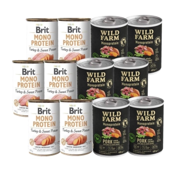 Brit Mono Protein Τουρκία & Γλυκοπατάτα 6x400 g + Wild Farm Monoprotein Χοιρινό 6x400g