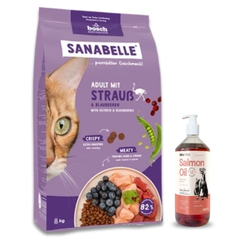 BOSCH Sanabelle Adult Στρουθοκάμηλος 8kg + Lab-V 100% λάδι σολομού για σκύλους και γάτες όλων των ηλικιών