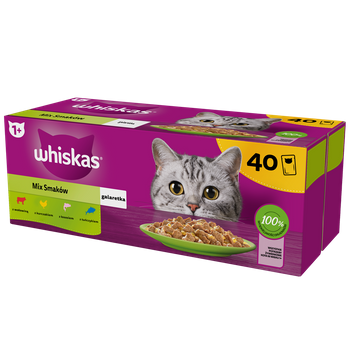 WHISKAS Φάκελοι για ενήλικες 40 x 85 g Μικτές γεύσεις - υγρή τροφή για ενήλικες γάτες σε ζελέ (τεμάχια με: μοσχάρι, κοτόπουλο, σολομό, τόνο)