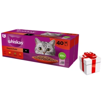 WHISKAS Adult σακουλάκια 40 x 85 g Κλασικά γεύματα - υγρή τροφή για ενήλικες γάτες, σε σάλτσα (κομμάτια με: βοδινό, κοτόπουλο, αρνί, πουλερικά) + δωρεάν έκπληξη για τη γάτα