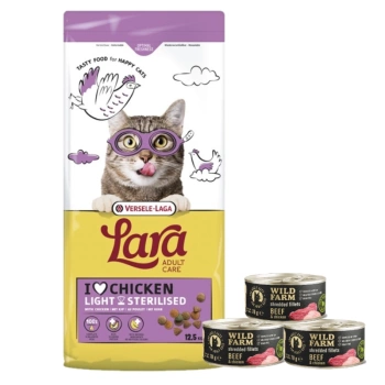 Versele-Laga Lara Adult Light Sterilized 12.5kg - τροφή για στειρωμένες γάτες + Φιλέτα WILD FARM Μοσχάρι & Κοτόπουλο 3x70g