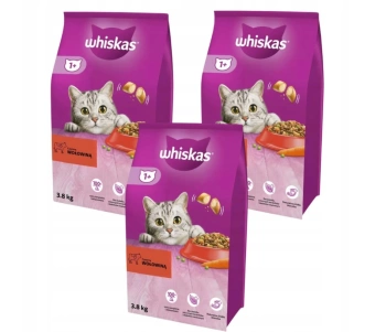 WHISKAS Adult 3x3,8 kg - πλήρης ξηρά τροφή για ενήλικες γάτες, με νόστιμο βοδινό κρέας