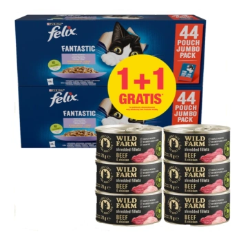 Φιλέτα WILD FARM Μοσχάρι & Κοτόπουλο 6x70g + Felix σε ζελέ φακελάκι Μείγμα Κρέατος 44x85g 1 +1 ΔΩΡΕΑΝ