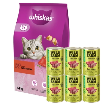 WHISKAS Ξηρή τροφή για γάτες 1+ με μοσχάρι 14kg + WILD FARM Premium Grain Free Beef and Duck 6x400g