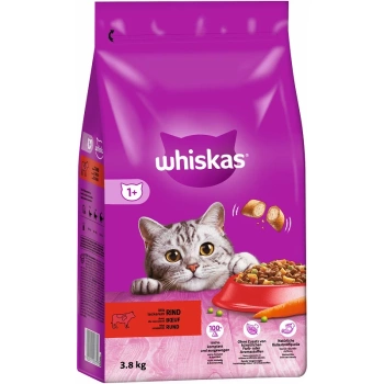 WHISKAS Adult 3,8 kg - πλήρης ξηρά τροφή για ενήλικες γάτες, με νόστιμο βοδινό κρέας
