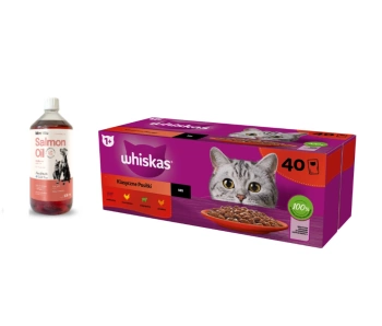 WHISKAS Adult sachets 40 x 85 g Classic Meals - υγρή τροφή για ενήλικες γάτες, σε σάλτσα (τεμάχια με: μοσχάρι, κοτόπουλο, αρνί, πουλερικά) + Lab-V Salmon Oil 100% For Dog and Cat