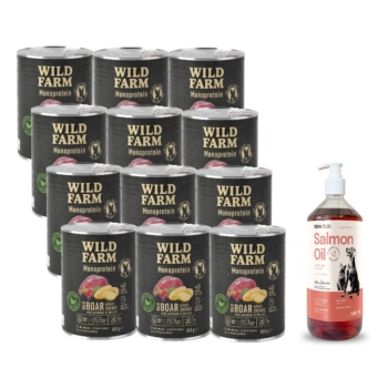 WILD FARM Monoprotein Wild Boar 12x800g υποαλλεργική τροφή για σκύλους + Lab-V Salmon Oil 100% Για σκύλους και γάτες όλων των ηλικιών 1000 ml Cold Pressed