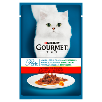 Purina Gourmet Perle τροφή για γάτες μίνι φιλέτα σε σάλτσα με μοσχάρι και καρότα 85g