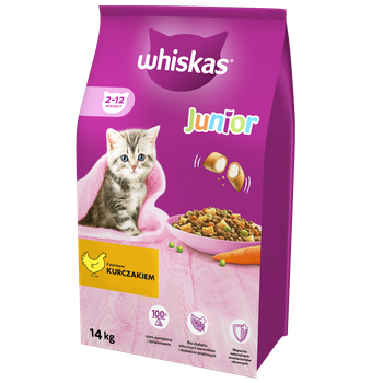 WHISKAS Ξηρά τροφή για γατάκια Junior με κοτόπουλο 14kg + έκπληξη για τη γάτα Δωρεάν