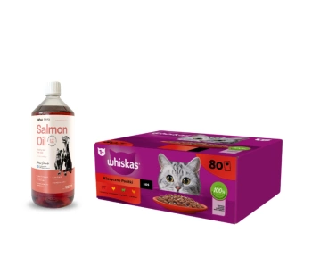 WHISKAS Adult sachets 80 x 85 g Classic Meals - υγρή τροφή για ενήλικες γάτες, σε σάλτσα (τεμάχια με: μοσχάρι, κοτόπουλο, αρνί, πουλερικά) + Lab-V Salmon Oil 100% For Dogs and Cats of All Ages 1000 ml Cold Pressed