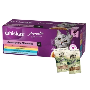 WHISKAS Adult σακουλάκια Αρωματική Μείξη 40 x 85 g - υγρή τροφή για γάτες + 2x50g WILD FARM λιχουδιά για γάτες