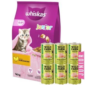 WHISKAS Ξηρά τροφή για γατάκια Junior με κοτόπουλο 14kg + WILD FARM Premium χωρίς σιτηρά κοτόπουλο και σολομό Junior 6x400g