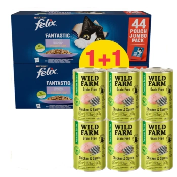 WILD FARM Premium χωρίς σιτηρά κοτόπουλο και σαρδελόρεγγα 6x400g + Felix σε ζελέ φακελάκι ΜΕΙΓΜΑ ΚΡΕΑΤΟΣ 44x85g 1 +1 ΔΩΡΕΑΝ
