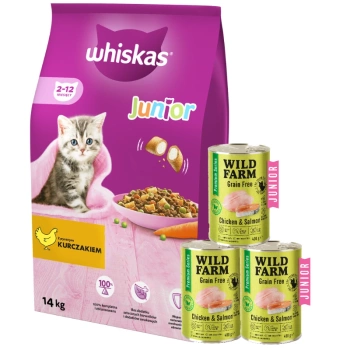 WHISKAS Ξηρά τροφή για γατάκια Junior με κοτόπουλο 14kg + WILD FARM Premium Grain Free Chicken and Salmon 3x400g