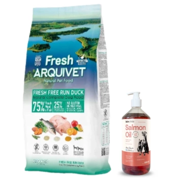 ARQUIVET FRESH - Ημίρρευστη τροφή για σκύλους με πάπια και ψάρια ωκεανού 10 kg + Λάδι σολομού Lab-V 100% για σκύλους και γάτες όλων των ηλικιών 1000 ml