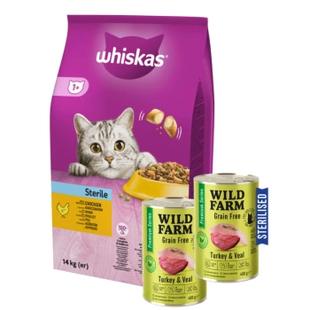 WHISKAS Ξηρή τροφή για γάτες 1+ αποστειρωμένη με κοτόπουλο 14kg + WILD FARM Premium Grain Free γαλοπούλα και τελεάλ 2x400g