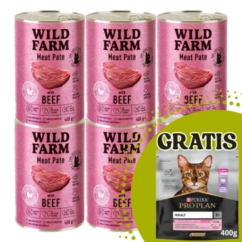 WILD FARM Pate with Beef 6x400g - τροφή για γάτες χωρίς γλουτένη + PRO PLAN Adult cat food 400g - τυχαία παράδοση