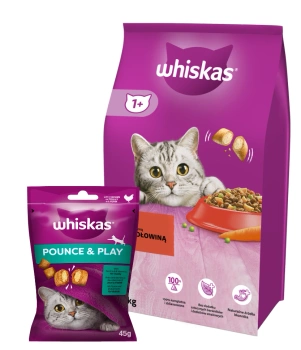 WHISKAS Ξηρά τροφή για γάτες 1+ με μοσχάρι 14kg + WHISKAS Energy and Vitality 45g λιχουδιά για γάτες, με κοτόπουλο