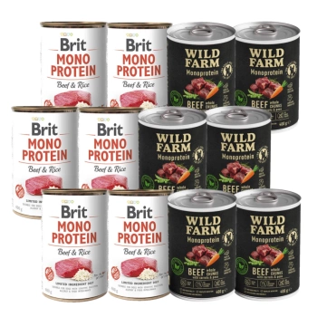 BRIT MONO PROTEIN BEEF & BROWN RICE 6x400g + Wild Farm Monoprotein Beef 6x400g