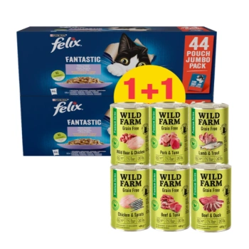 WILD FARM Premium MIX 6x400g + Felix σε ζελέ Μείγμα Κρέατος φακελάκι 44x85g 1 +1 ΔΩΡΕΑΝ