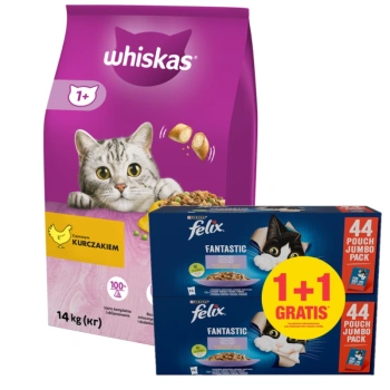 WHISKAS Ξηρά τροφή για γάτες 1+ με κοτόπουλο 14kg + Felix σε ζελέ φακελάκι MEAT MIX 44x85g 1 +1 ΔΩΡΟ