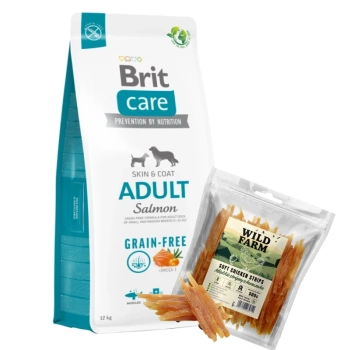 BRIT CARE Grain-free Adult Σολομός 12kg + WILD FARM μαλακές λωρίδες κοτόπουλου 500g λιχουδιές για σκύλους