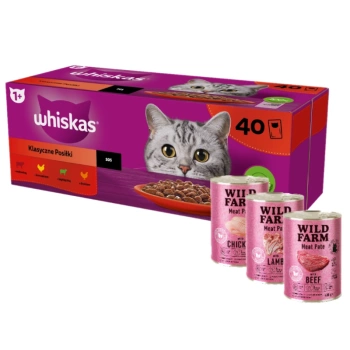 WHISKAS Adult sachets 40 x 85g Classic Meals - υγρή τροφή για ενήλικες γάτες, σε σάλτσα (τεμάχια με: μοσχάρι, κοτόπουλο, αρνί, πουλερικά) + WILD FARM Pate 3x400g MIX