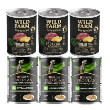 PRO PLAN Veterinary Diets HA Hypoallergenic Υγρή τροφή για σκύλους 3x400g + Wild Farm Monoprotein Wild Boar 3x400g υποαλλεργική τροφή για σκύλους