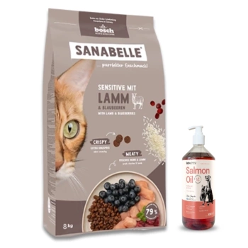 BOSCH Sanabelle Adult Sensitive Lamm 8kg + Λάδι Σολομού Lab-V 100% για Σκύλους και Γάτες Όλων των Ηλικιών